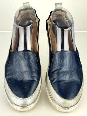 Ron White Navy Blue Leather Silver Metallic Trim Slip On Sneakers Italy 39/8.5